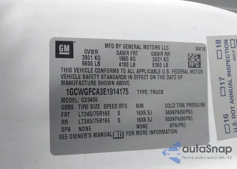 2014 Chevrolet Express 2500 Work Van z USA, uszkodzony, nr VIN 1GCWGFCA3E1914175